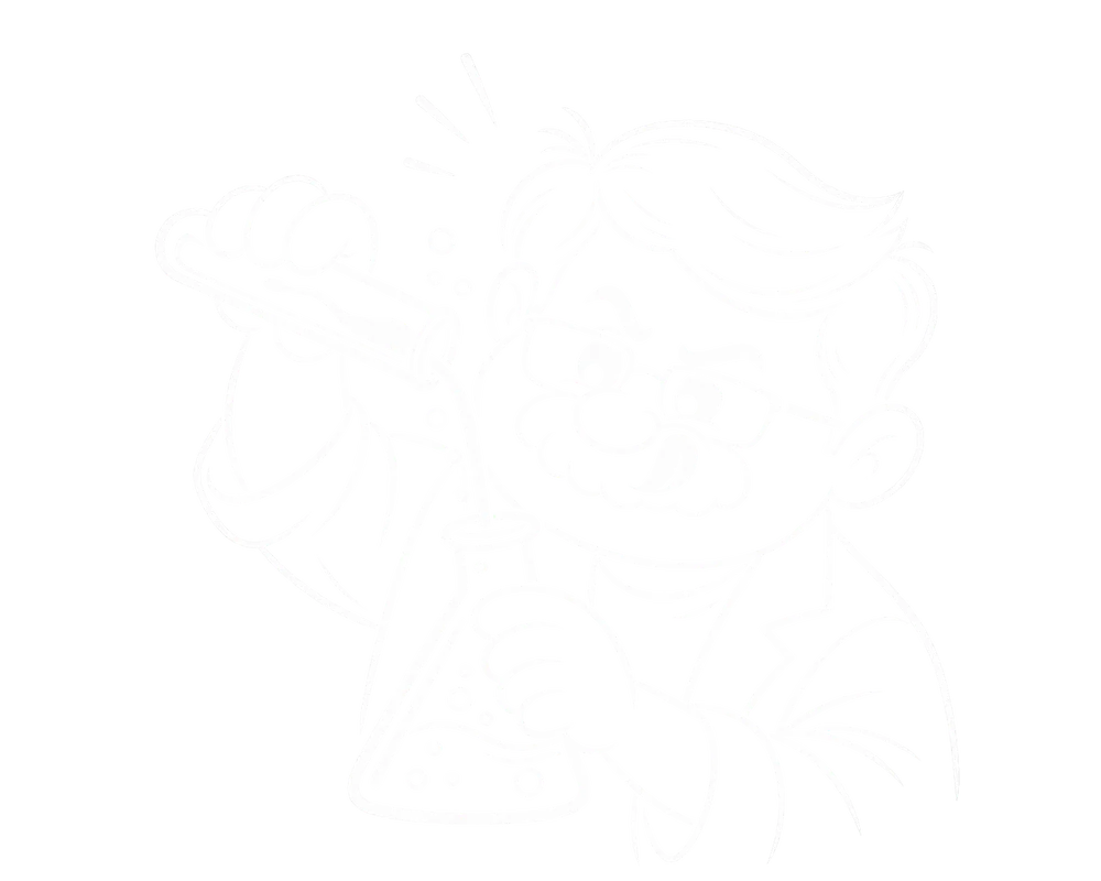 A line drawing of a figure pouring liquid from a test tube into a bubbling flask